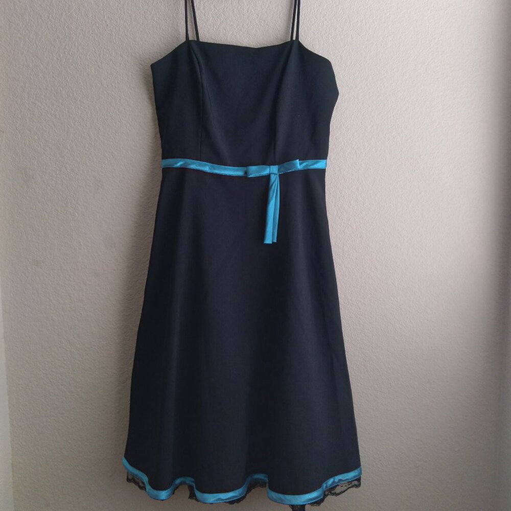 Vintage BCX Black Flare Mini Dress with Turquoise Trim and Ribbon